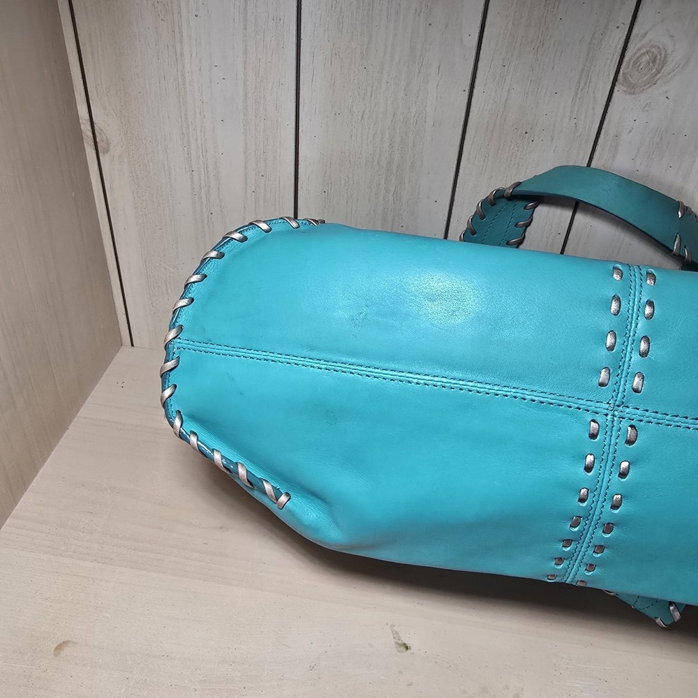 Vtg Y2k Rare Michael Kors Teal Woven Whipstitch Leather Satchel Shoulder Handbag - Picture 15 of 15